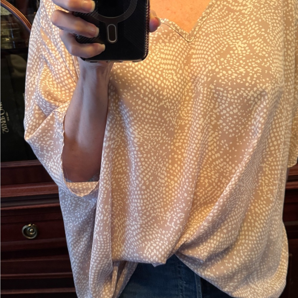 Adrienne Cream and Tan Easy Tunic Blouse. NWOT Large